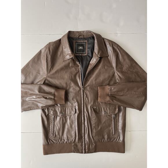Obey Propaganda Faux Leather Bomber Jacket Men L Brown Collared Full Zipper - Picture 1 of 11